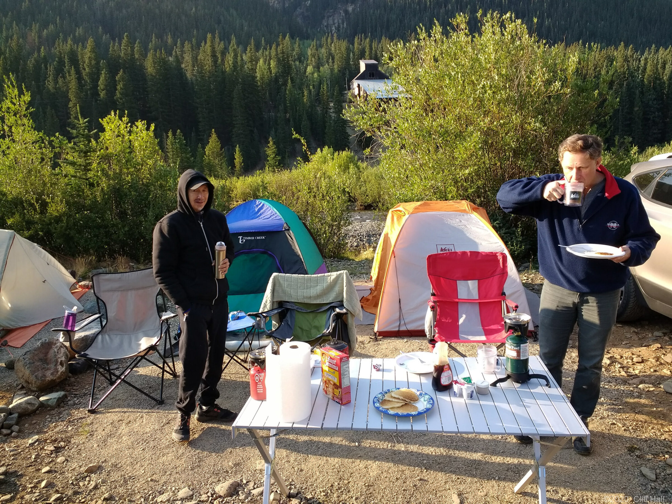 Duc and Richard having bacon and pancakes